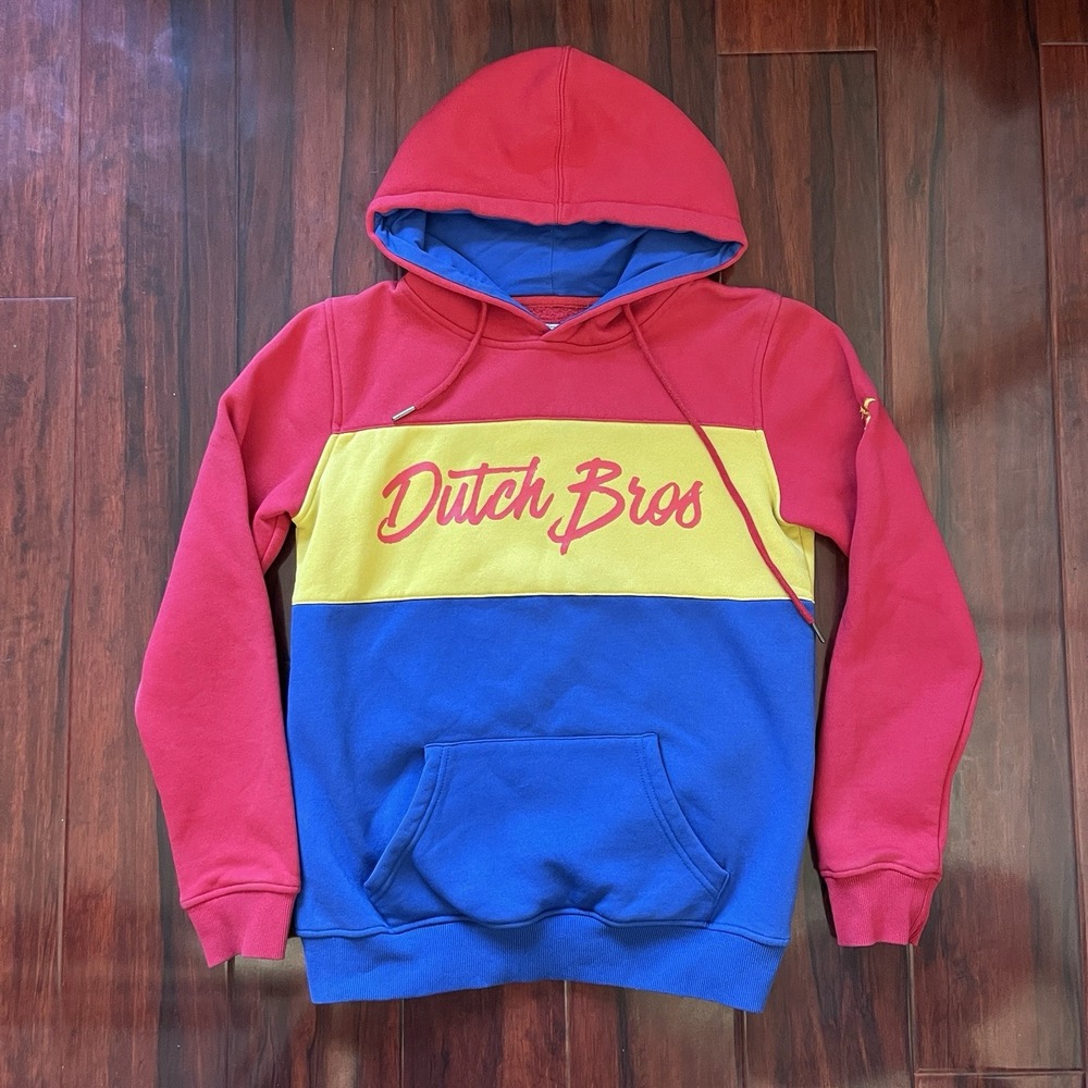 Vintage Dutch Bros Coffee Pullover Hoodie Multicolor Red Yellow Blue Mens Medium